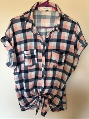 Eden & Olivia Navy and Pink Plaid Tie-Front Button-Down Shirt